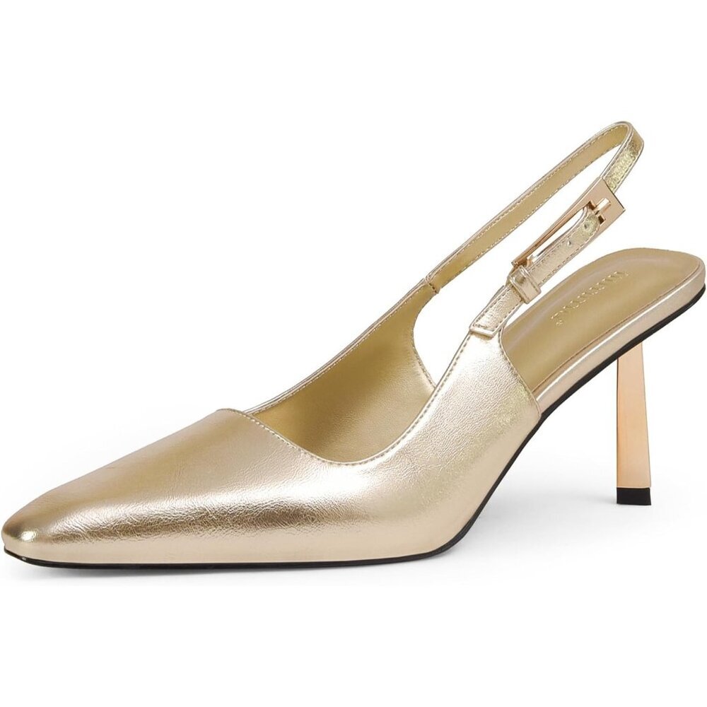 Women's Faux Leather Gold 3.5 in / 4 in Kitten Heel Closed Toe Pump Shoes
